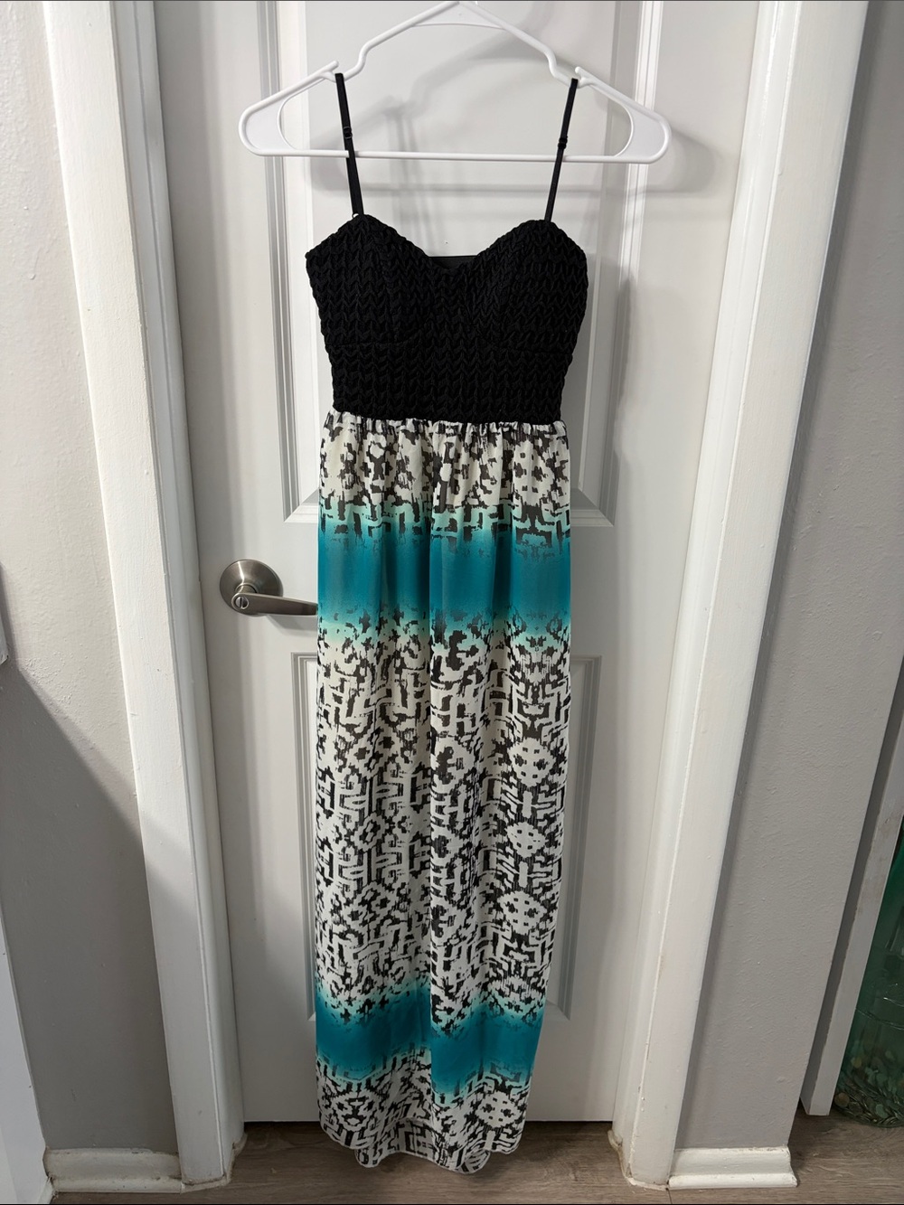 Black & Teal Patterned Maxi Dress with Smocked Bodice